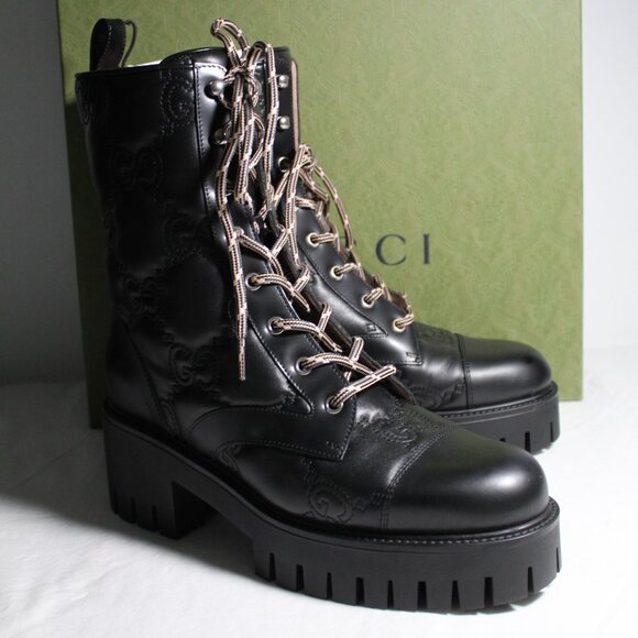 NWB Gucci GG Embossed Matelasse Cordovan Lux Nappa Lace Up Boots Booties 718386 - Picture 1 of 8